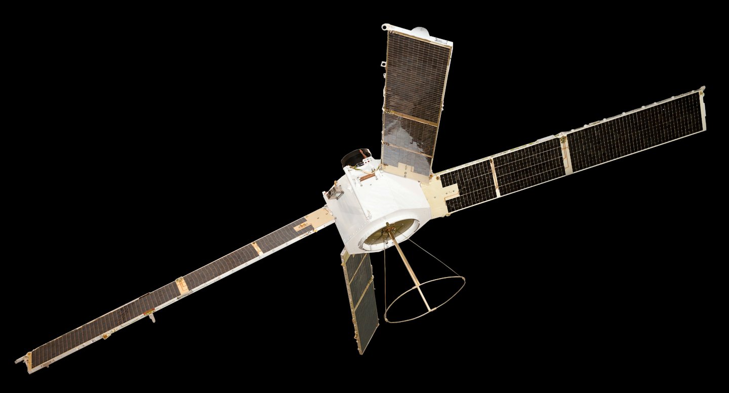 Modern satellite with solar panels extended against a black background.